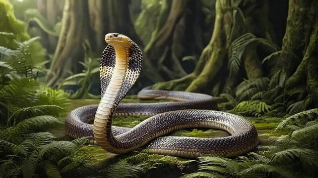 Majestic Cobra in Lush Wilderness: A stunning cobra gracefully rises in a vibrant green jungle. Captured with meticulous detail.