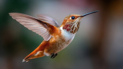 Fototapeta premium Ethereal Hummingbird with Orange Plumage in Mid-Flight