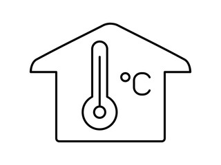 Home Temperature Thermometer Line Icon. House with a thermometer and Celsius symbol. Represents indoor temperature, heating, cooling, climate control, HVAC, energy efficiency, smart home systems.