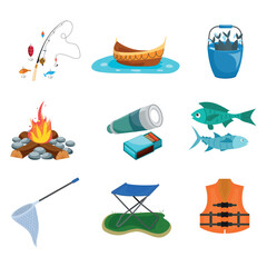 Fishing and Camping Icon Set – Outdoor Activity Equipment in Flat Vector Style