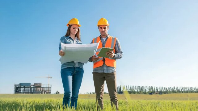 Teamarbeit auf der Baustelle: Architektin mit Bauplan und Architekt mit Tablet auf einer gr&uuml;nen Wiese. K&uuml;nstliche Intelligenz KI