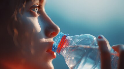 Close-Up of Woman Drinking Water from Bottle in Soft Light