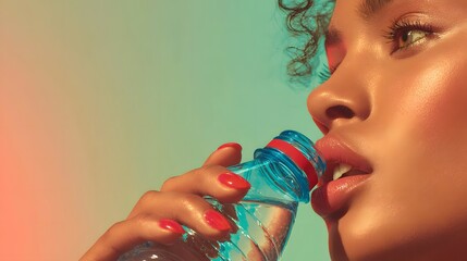 Woman Holding Water Bottle with Curly Hair and Colorful Background