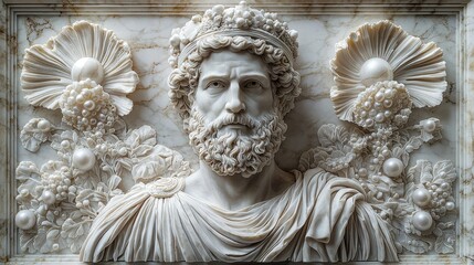 Detailed bas-relief carving of a Roman emperor's bust, adorned with elaborate floral and pearl motifs.