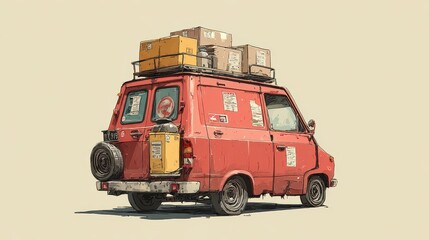 Vintage Red Van: Cartoon Style Delivery Truck Front View Illustration