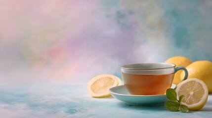 Refreshing Lemon Tea with Lemon Slices and Mint on Stylish Background