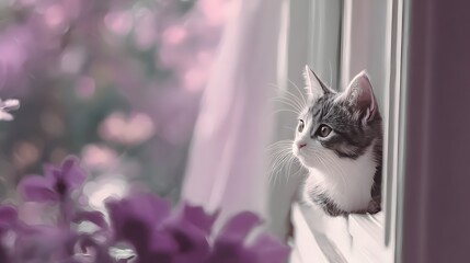 Charming Gray and White Kitten Gazing Out of Window with Flowers