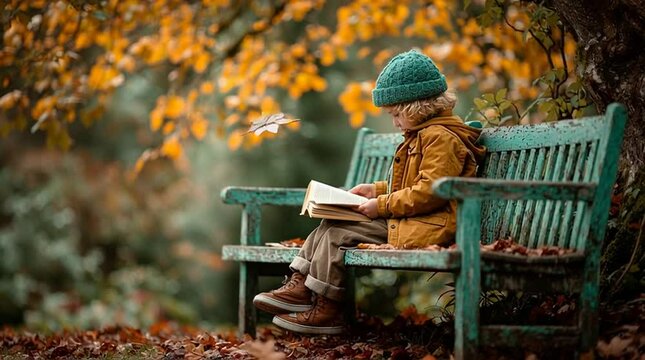 Boy reading a book in an autumn park