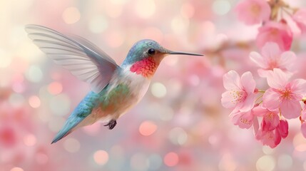 Colorful Hummingbird Flying Near Cherry Blossom Flowers in Spring
