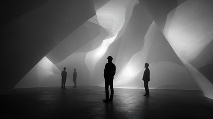 Silhouetted figures in abstract space standing thoughtfully monochrome presentation