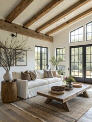 Fototapeta premium Open concept rustic living room with natural white sofas, exposed wood beams, earthy decor, and a cozy kitchen-dining space in warm neutral tones