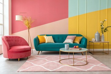 Playful postmodern living room with bold color blocking, teal sofa, coral armchair, abstract decor, gold accents, and geometric rug in vibrant contemporary design