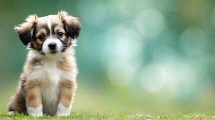 Adorable puppy sitting on grass with soft blur background