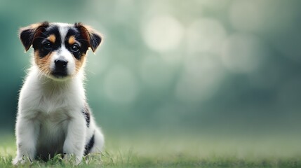 Adorable Black and White Puppy Sitting on Soft Green Grass