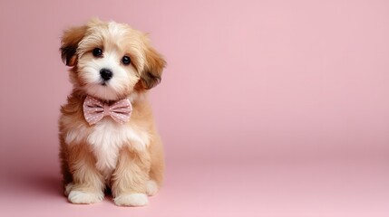Adorable puppy with bow tie on a pastel pink background