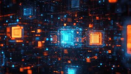 Complex network of glowing orange and blue squares