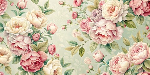 Vintage rose and peony floral patterns on a soft pastel background