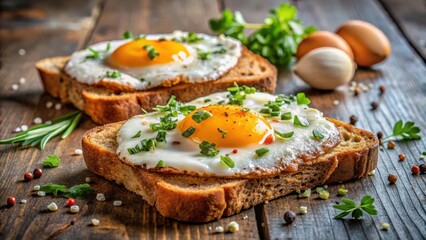 Golden brown fried eggs perched on top of a slice of crispy whole wheat toast