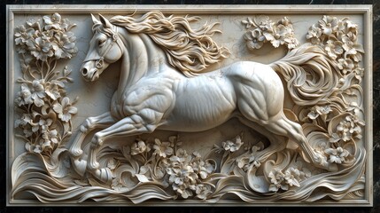 Ornate bas-relief carving of a galloping horse amidst floral embellishments.