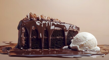 Decadent Chocolate Cake Slice with Melted Topping and Ice Cream