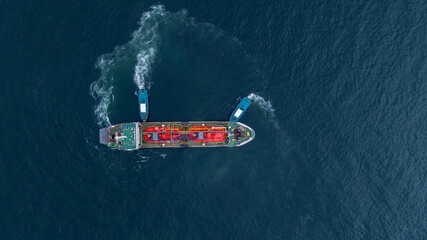 Aerial view LPG gas tanker ship on deep blue sea, Global business freight shipping import export...