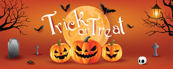 Spooky Halloween Trick or Treat Night with Pumpkins and Bats