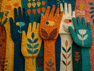 Collaborative art mural painted by young artists from different countries, vibrant images of peace, nature, and unity blending styles, hands holding brushes, smiles and shared pride.