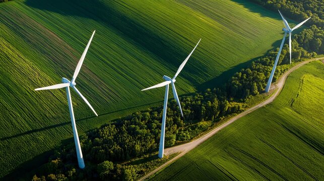 wind turbines spinning in green field 