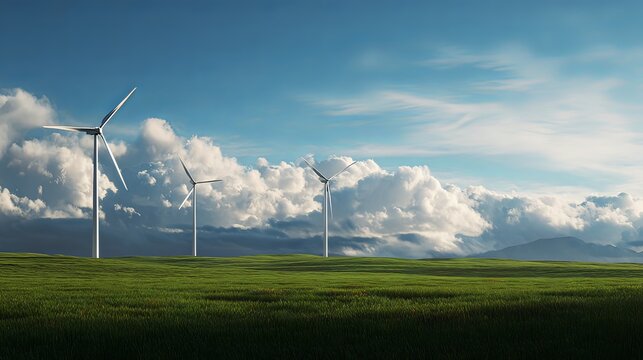 wind turbines spinning in green field 