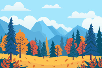 Beautiful vector illustration of autumn forest and mountains. Colorful autumn trees in the forest, yellow grass, falling leaves on the background of beautiful mountains. Autumn landscape.