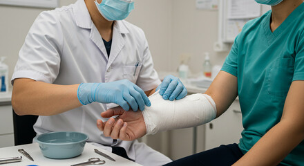 A caring doctor meticulously wraps a patient s arm in a clean white cast providing essential medical care during a