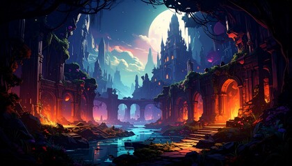 Enchanted Ruins: A Nighttime Fantasy Realm