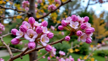 Obraz premium the image features a close up view of two flowering branches with buds, these buds are in full bloom, exhibiting a vibrant purple hue that suggests they are ripe and ready to open