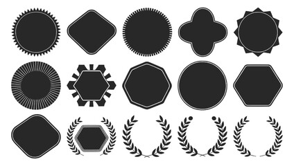 Collection of blank black badge shapes and laurel wreath icons with various geometric forms including circles, hexagons, diamonds, and stars perfect for logos, awards, branding, and labels
