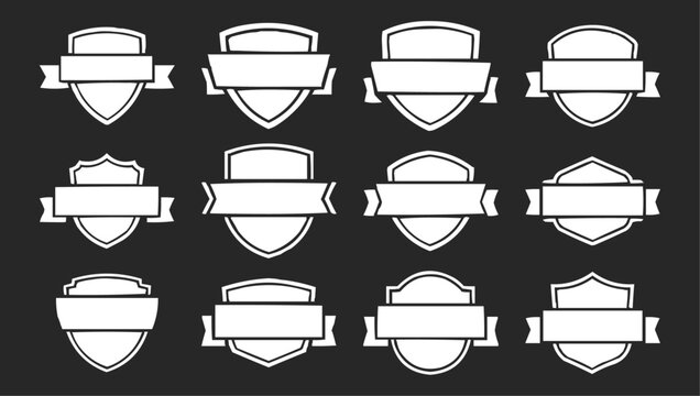 Collection of blank white vintage shield badge templates with banners on black background perfect for custom logos, label design, branding elements, awards, emblems, and certificate graphics