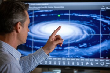 Man pointing at hurricane on digital screen, analyzing weather patterns, meteorological data.