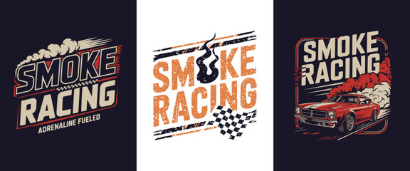 Smoke Racing retro car logo set with vintage muscle car illustrations, bold typography, flames, smoke trails, and racing flags for automotive branding, motorsport apparel, and garage merchandise © Vectyx