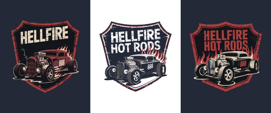 Hellfire Hot Rods vintage car logo set with flaming shield emblems and retro muscle car illustrations for classic automotive garage branding, custom mechanic merchandise, and motorsport apparel