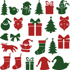Festive Christmas Holiday Silhouette Set: Vibrant Red & Green Icons for Seasonal Greetings, Winter Celebrations, and Yuletide Designs.