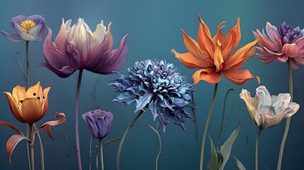Colorful Array of Unique Flowers Against a Soft Blue Background