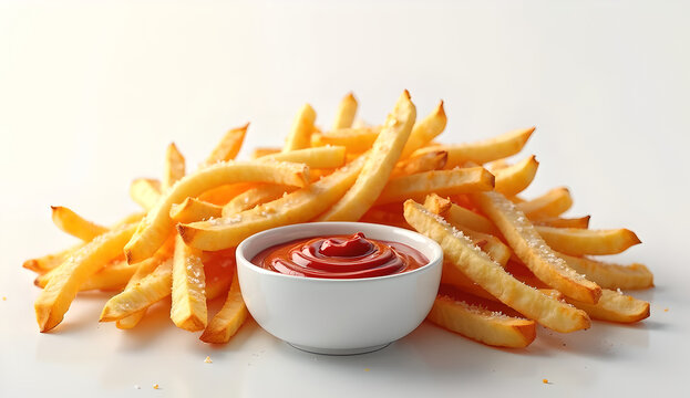 Bowl of crispy golden fries with a small bowl of ketchup on a minimalist white background, styled in natural daylight.