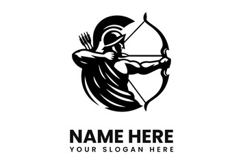 Archer with helmet and bow, drawing back arrow. Silhouette style illustration.