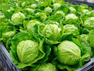 Fototapeta premium Freshly watered cabbages, neatly arranged in crates, glistening with water droplets, ready for harvest.