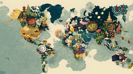Colorful Illustrated World Map Featuring Global Culinary Cultures