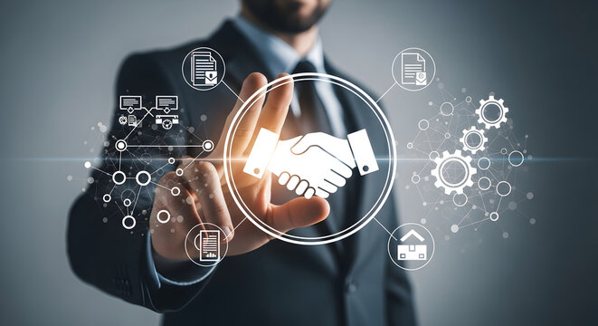 Businessman's hand activates a glowing digital network, symbolizing global business agreements and data collaboration.