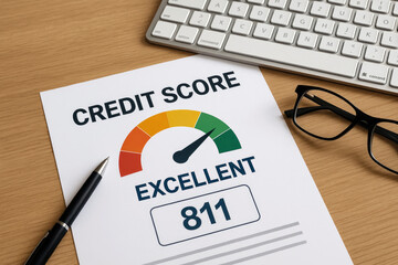 Credit score gauge excellent rating paper with pen keyboard and glasses image