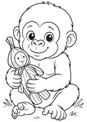 Coloring book of baby gorilla hugging a doll, sitting on grass with a sweet smile