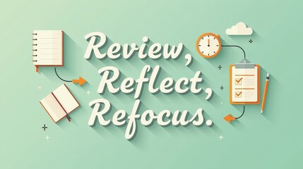 lettering &ldquo;Review. Reflect. Refocus.&rdquo; laid out in a timeline or circular flow, surrounded by journal, pen, checklist, arrows, and small symbolic icons