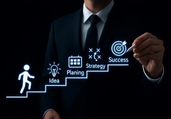 Business Strategy and Growth Steps with Light Icons – Idea to Success