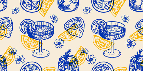 Obraz na płótnie Canvas Aperol cocktail with ice and slice of lemon for cocktail bar or summer party. Alcohol cocktail with beach bar and cafe menu. Mediterranean themed Amalfi coast party decoration. Vector illustration
